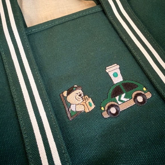 Starbucks Taiwan Exclusive Tote bag - Green Canvas Embroidered Bear Detail NWT - Picture 16 of 16